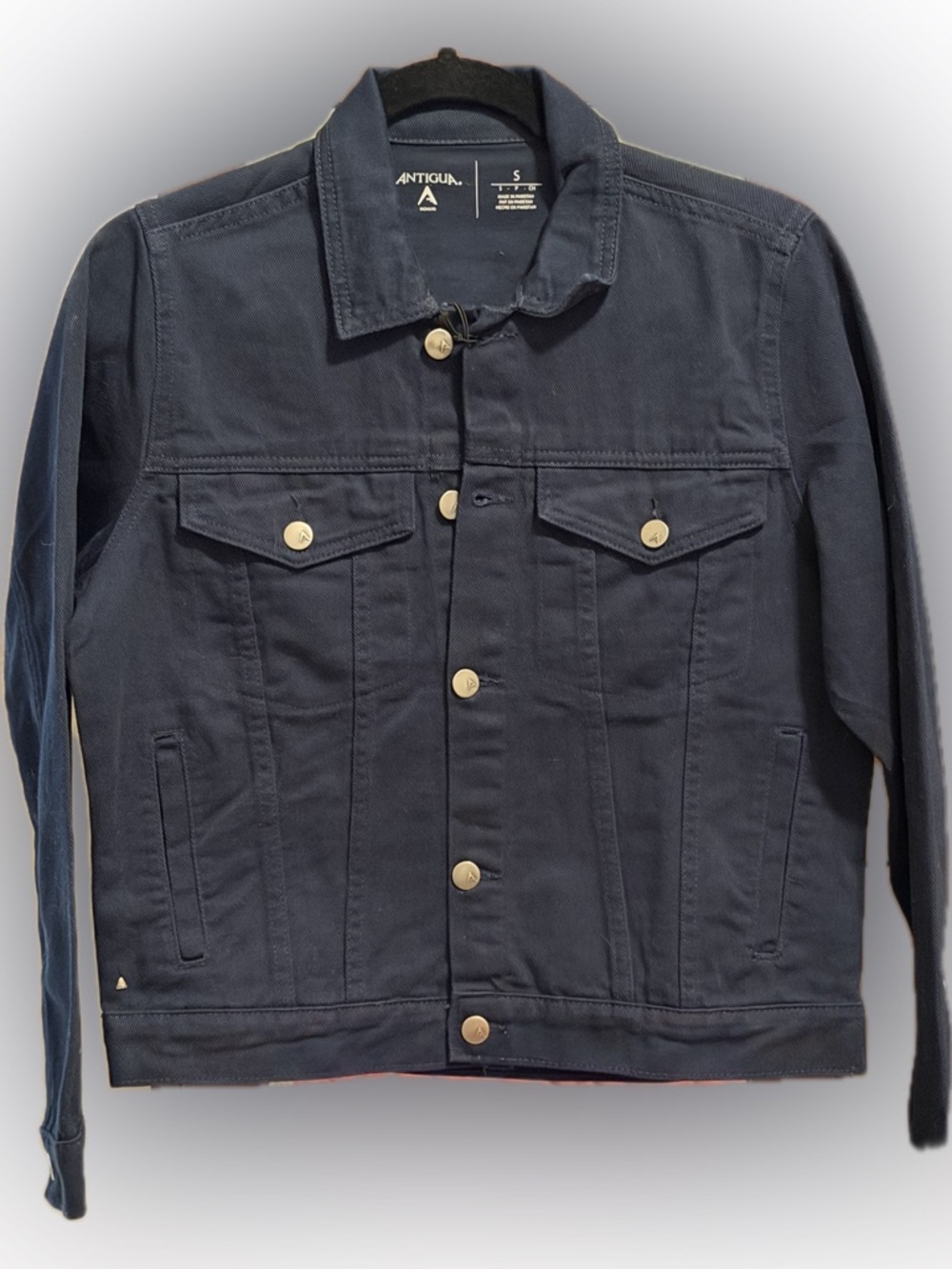 Antigua Women’s Navy Denim Jacket NWT Snap Front Trucker Jacket, size Small